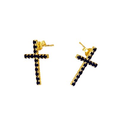 Conjunto Brinco e Pingente Cruz Strass Fina Preto