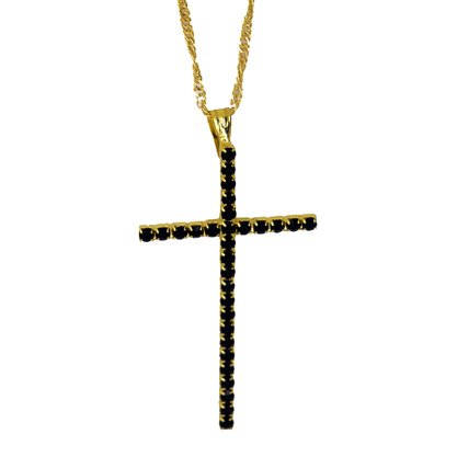 Conjunto Brinco e Pingente Cruz Strass Fina Preto