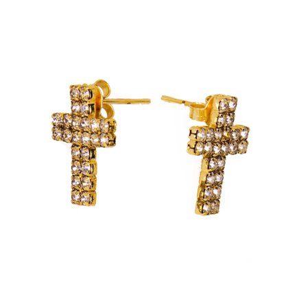 Conjunto Brinco e Pingente Cruz Strass Transparente