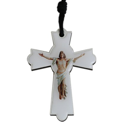 Cordão Crucifixo com Cristo Cruxificado e Cristo Ressucitado Resinada 7 x 5 cm