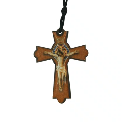 Cordão Crucifixo G de São bento Madeira Resinada 7 cm x 5 cm