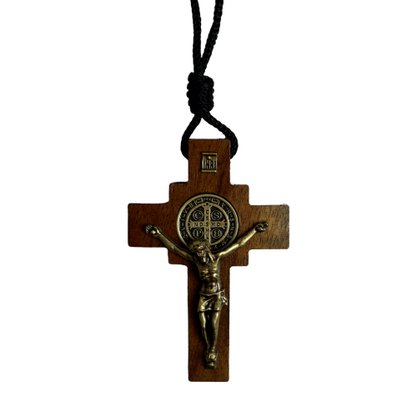 Cordão Crucifixo com Medalha de São Bento Ouro Velho - 7 cm 