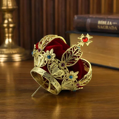 Coroa Dourada em Metal Fundido com Veludo Vermelho - 9,5 cm