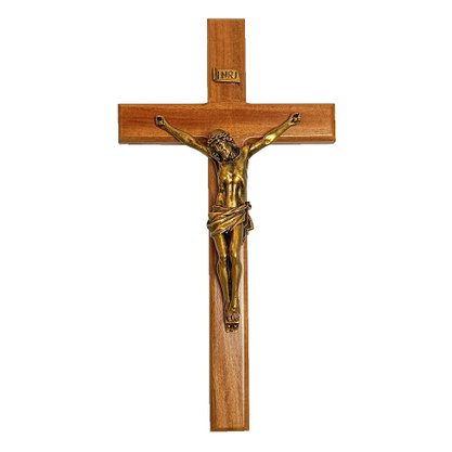 Crucifixo de Parede em Madeira e Cristo em Mármore com Pintura em Bronze - 31 cm