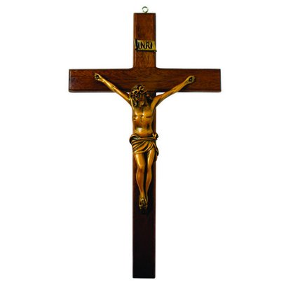 Crucifixo de Parede em Madeira e Cristo em Mármore com Pintura em Bronze - 42 cm