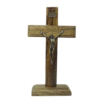 Crucifixo de Mesa em Madeira Cristo e Placa INRI em Metal 20 cm