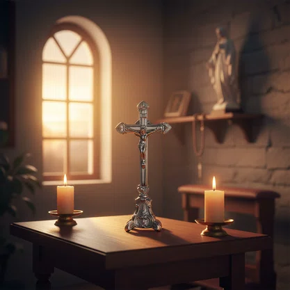 Crucifixo de Mesa em Metal Prata - 17 cm 