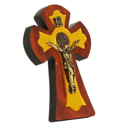 Crucifixo de Mesa Madeira, Acrílico e Ouro Velho - 12 x 8 cm 