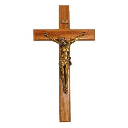 Crucifixo de Parede em Madeira e Cristo em Mármore com Pintura em Bronze - 31 cm