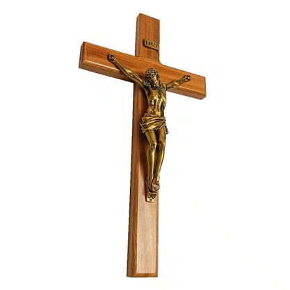 Crucifixo de Parede em Madeira e Cristo em Mármore com Pintura em Bronze - 31 cm