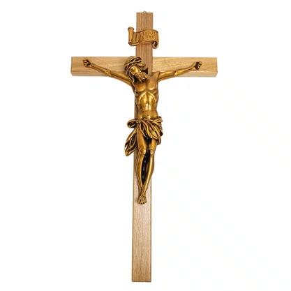 Crucifixo de Parede em Madeira e Cristo em Mármore com Pintura em Bronze - 80 cm