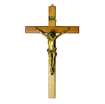Crucifixo de Parede em Madeira e Cristo em Mármore com Pintura em Bronze - 53 cm