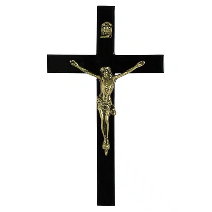 Crucifixo de Parede em Madeira Revestida de Preto Cristo Bronze - 38 cm x 22 cm