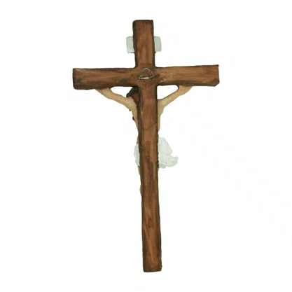 Crucifixo de Parede em Resina Cruz com Textura de Madeira 27 cm