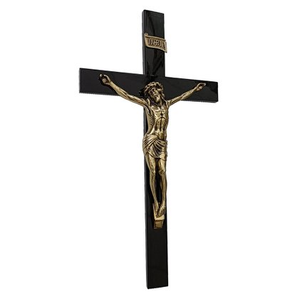 Crucifixo de Parede Madeira Escura Cristo em Bronze - 62 cm x 33 cm