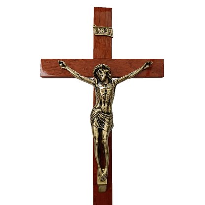 Crucifixo de Parede Madeira Marrom e Cristo em Bronze - 62 Cm X 33 Cm