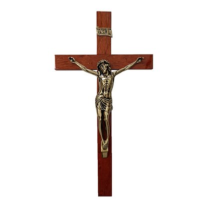 Crucifixo de Parede Madeira Marrom e Cristo em Bronze - 62 Cm X 33 Cm