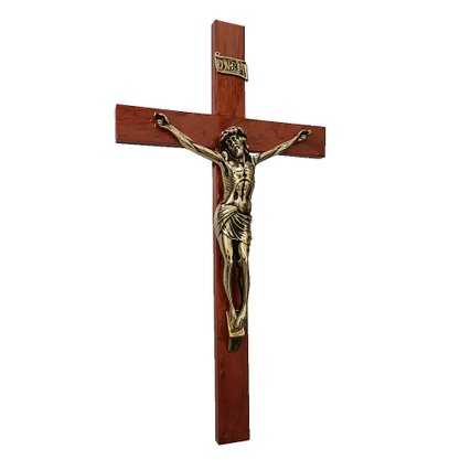 Crucifixo de Parede Madeira Marrom e Cristo em Bronze - 62 Cm X 33 Cm