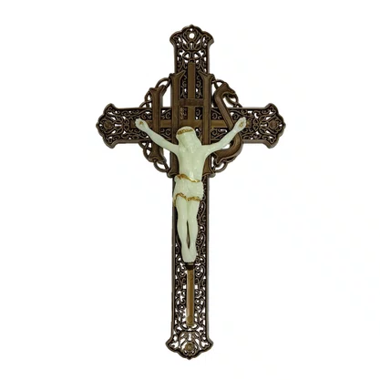 Crucifixo de Parede Plástico Ouro Velho e Cristo Luminoso - 29 cm x 17 cm