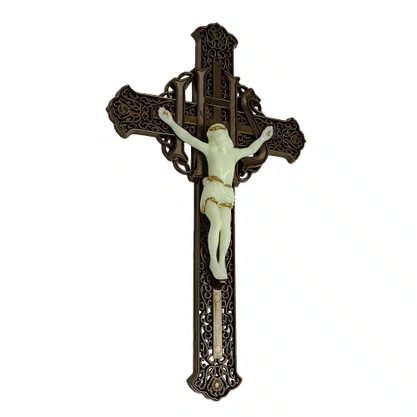 Crucifixo de Parede Plástico Ouro Velho e Cristo Luminoso - 29 cm x 17 cm