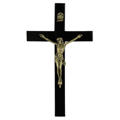 Crucifixo de Parede em Madeira Revestida de Preto Cristo Bronze - 38 cm x 22 cm
