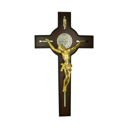 Crucifixo Medalha São Bento Dourado Madeira Mesa 33 cm