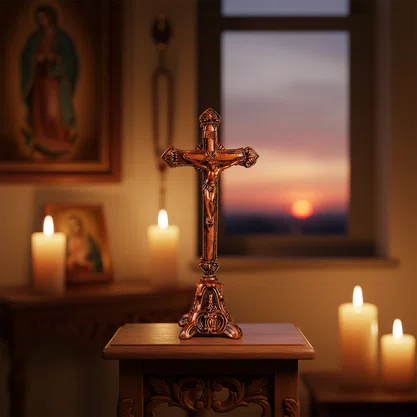 Crucifixo de Mesa em Metal Bronze - 17 cm 