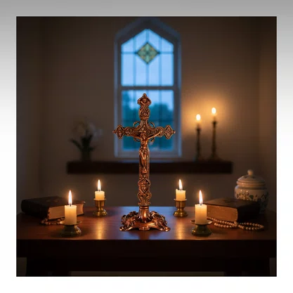 Crucifixo de Mesa em Metal Bronze - 29 cm 