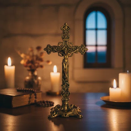 Crucifixo de Mesa em Metal Ouro Velho - 29 cm 