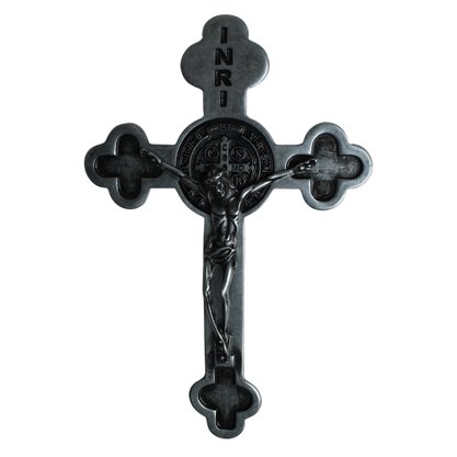 Crucifixo Metal Parede São Bento Prata Velha - 21 cm x 13 cm