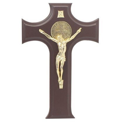 Crucifixo São Bento Madeira com Dourado 26 cm