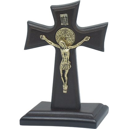 Crucifixo de Mesa São Bento em Madeira com Dourado 12 cm