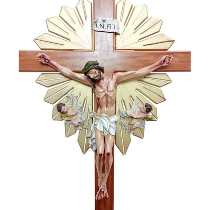 Crucifixo Senhor do Bonfim de Madeira e Resina Nacional com Pedestal - 2,17 m