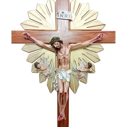 Crucifixo Senhor do Bonfim de Madeira e Resina Nacional com Pedestal - 2,17 m
