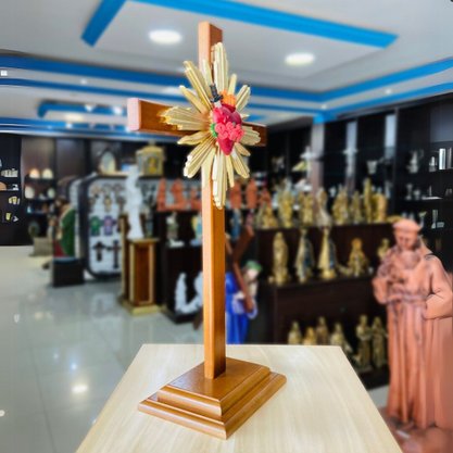 Cruz de Madeira Parede e Mesa Resplendor do Imaculado Coração de Maria - 62 cm x 34 cm
