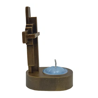 Cruz de Mesa de Mármore com Pintura em Bronze e Vela Rechô  - 11 cm