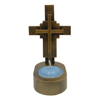 Cruz de Mesa de Mármore com Pintura em Bronze e Vela Rechô  - 11 cm