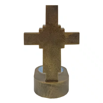 Cruz de Mesa de Mármore com Pintura em Bronze e Vela Rechô  - 11 cm