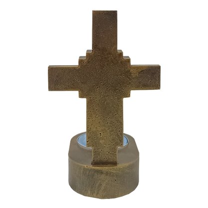 Cruz de Mesa de Mármore com Pintura em Bronze e Vela Rechô  - 11 cm