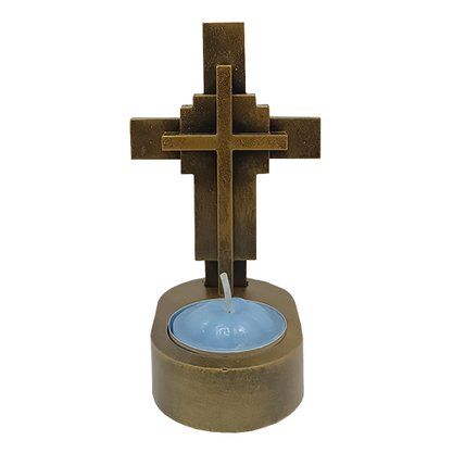 Cruz de Mesa de Mármore com Pintura em Bronze e Vela Rechô  - 11 cm