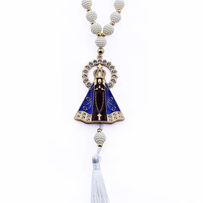 Dezena Carro de Nossa Senhora Aparecida Branca Strass Pompom - 8 mm