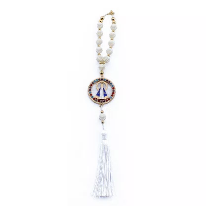 Dezena Carro de Nossa Senhora Aparecida Branca Strass Pompom - 8 mm