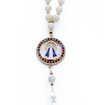 Dezena Carro de Nossa Senhora Aparecida Branca Strass Pompom - 8 mm
