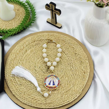 Dezena Carro de Nossa Senhora Aparecida Branca Strass Pompom - 8 mm