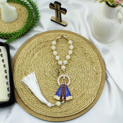 Dezena Carro de Nossa Senhora Aparecida Branca Strass Pompom - 8 mm