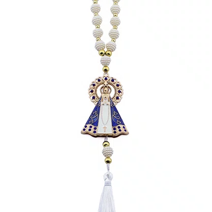 Dezena Carro de Nossa Senhora Aparecida Branca Strass Pompom