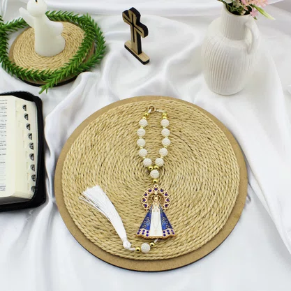 Dezena Carro de Nossa Senhora Aparecida Branca Strass Pompom
