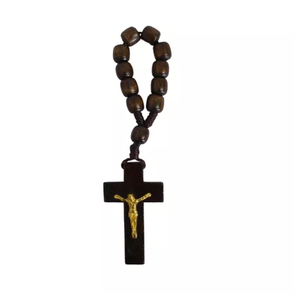Dezena de Dedo Madeira Marrom e Crucifixo - 6mm