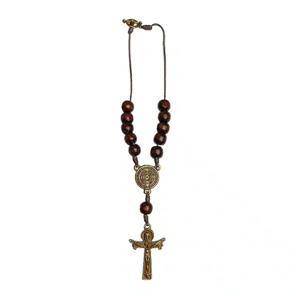 Dezena para Carro de São Bento Madeira Marrom Cruz Níquel 10 mm