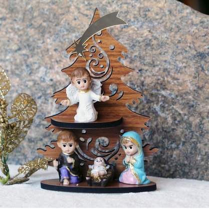 Enfeite Mesa àrvore com Sagrada Família e Anjo Infantil - 23 cm x 15 cm